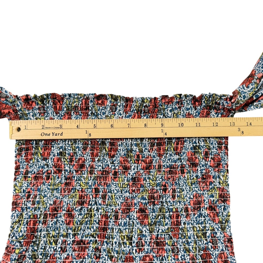 Altar'd State Celia Romper M Blue Red‎ Floral Smocked Off Shoulder Bell Sleeve - Picture 8 of 9